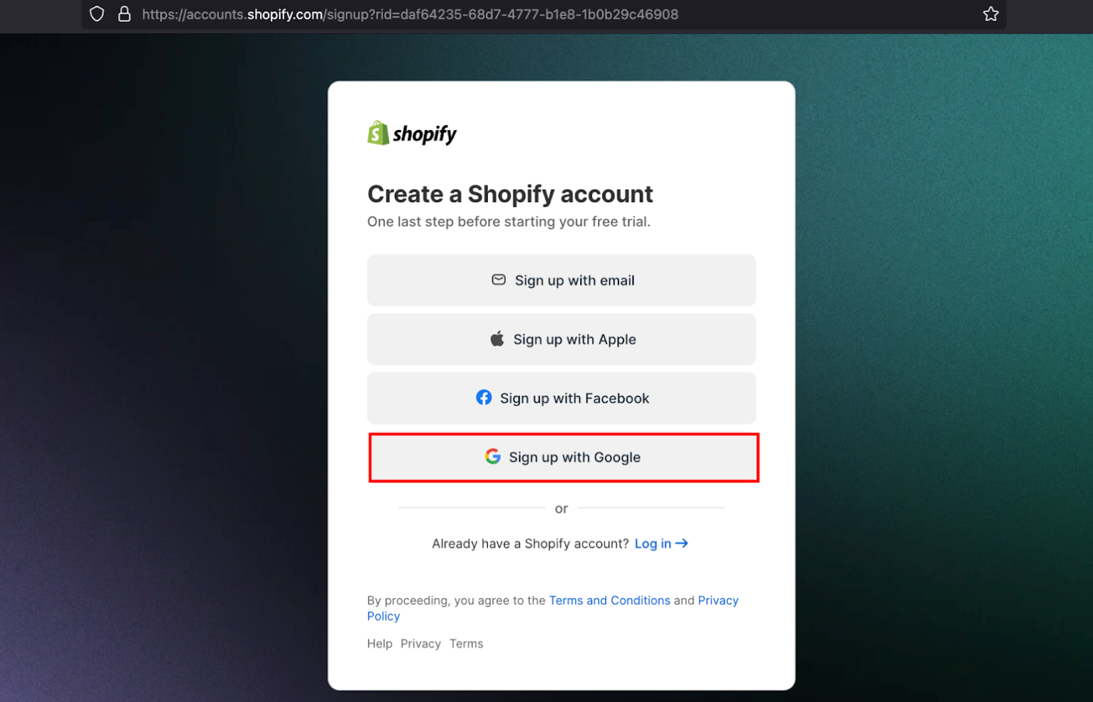 Selecting “Sign up with Google”